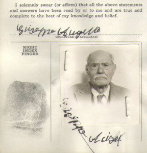 Photograph and signature of Giuseppe Angello of Irvington, New Jersey, from Form AR-AE-22 (Application for Certificate of Identification), 1942